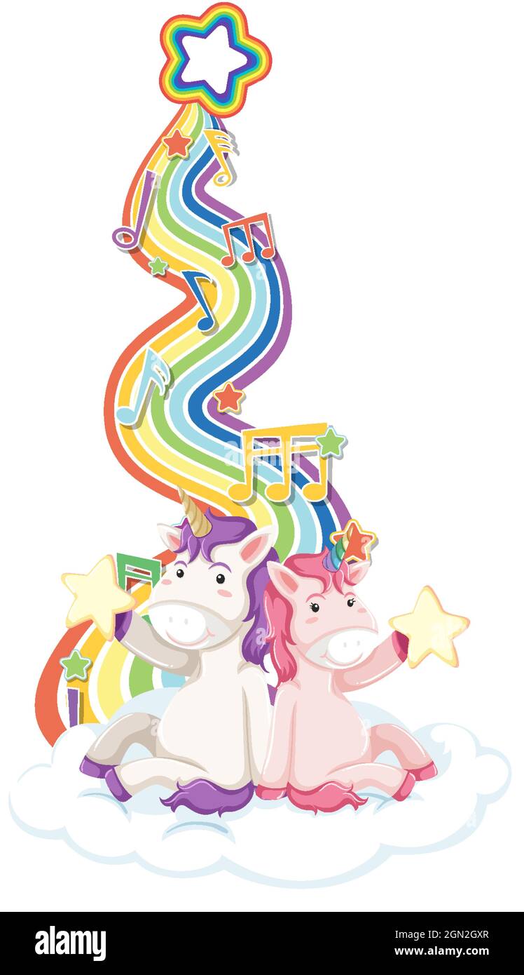 Unicorns sitting on the cloud with rainbow on white background ...
