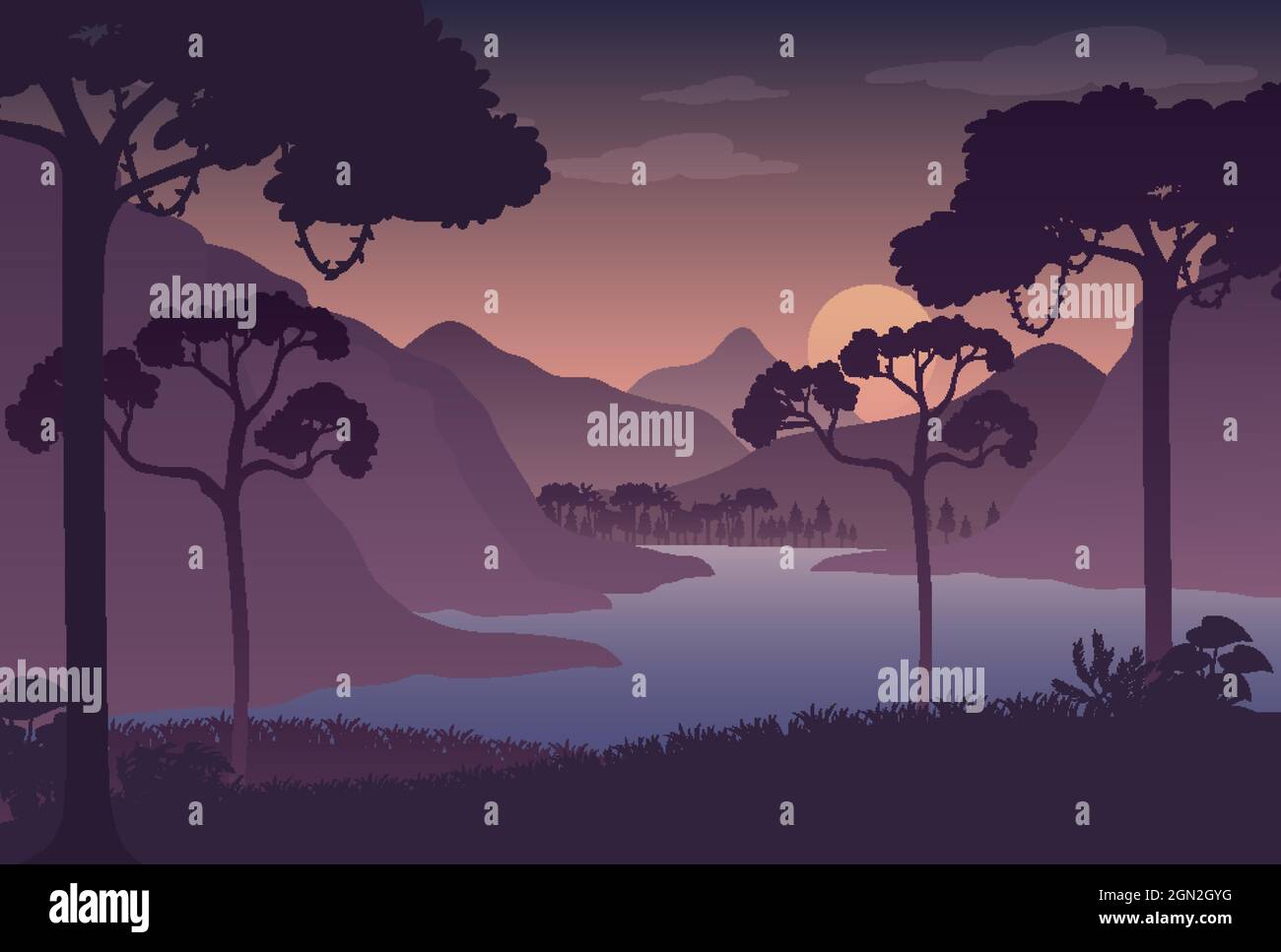 Silhouette twilight forest landscape background illustration Stock ...