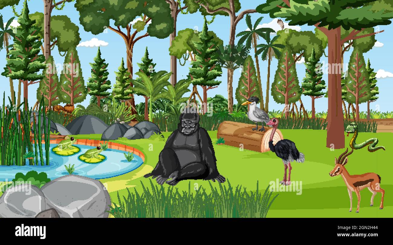 Forest scene with different wild animals illustration Stock Vector ...
