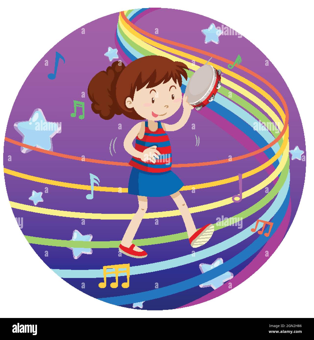 Happy girl playing tambourine with rainbow melody on blue and purple