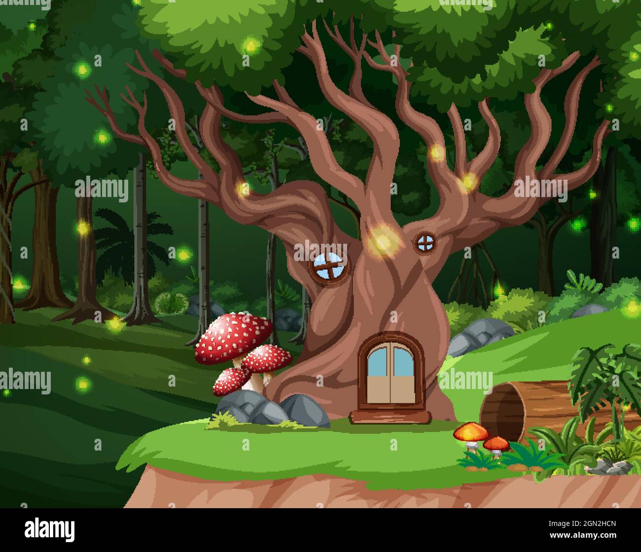 Enchanted forest background with tree house illustration Stock Vector ...