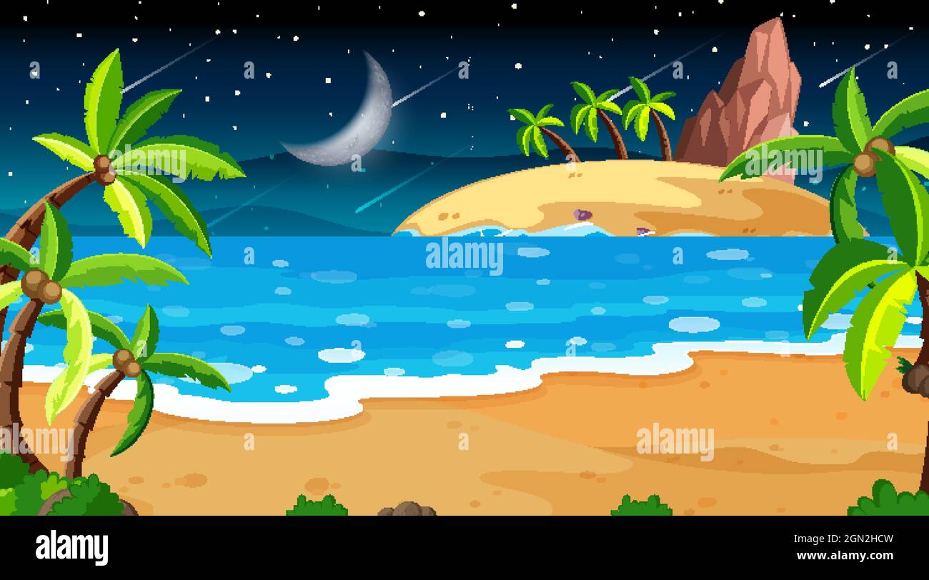 Tropical beach landscape scene at night illustration Stock Vector Image ...