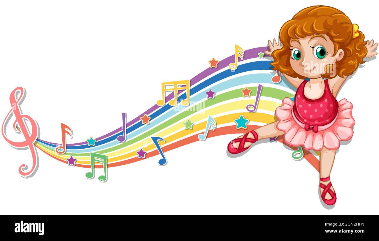 Ballerina with melody symbols on rainbow wave illustration Stock Vector ...