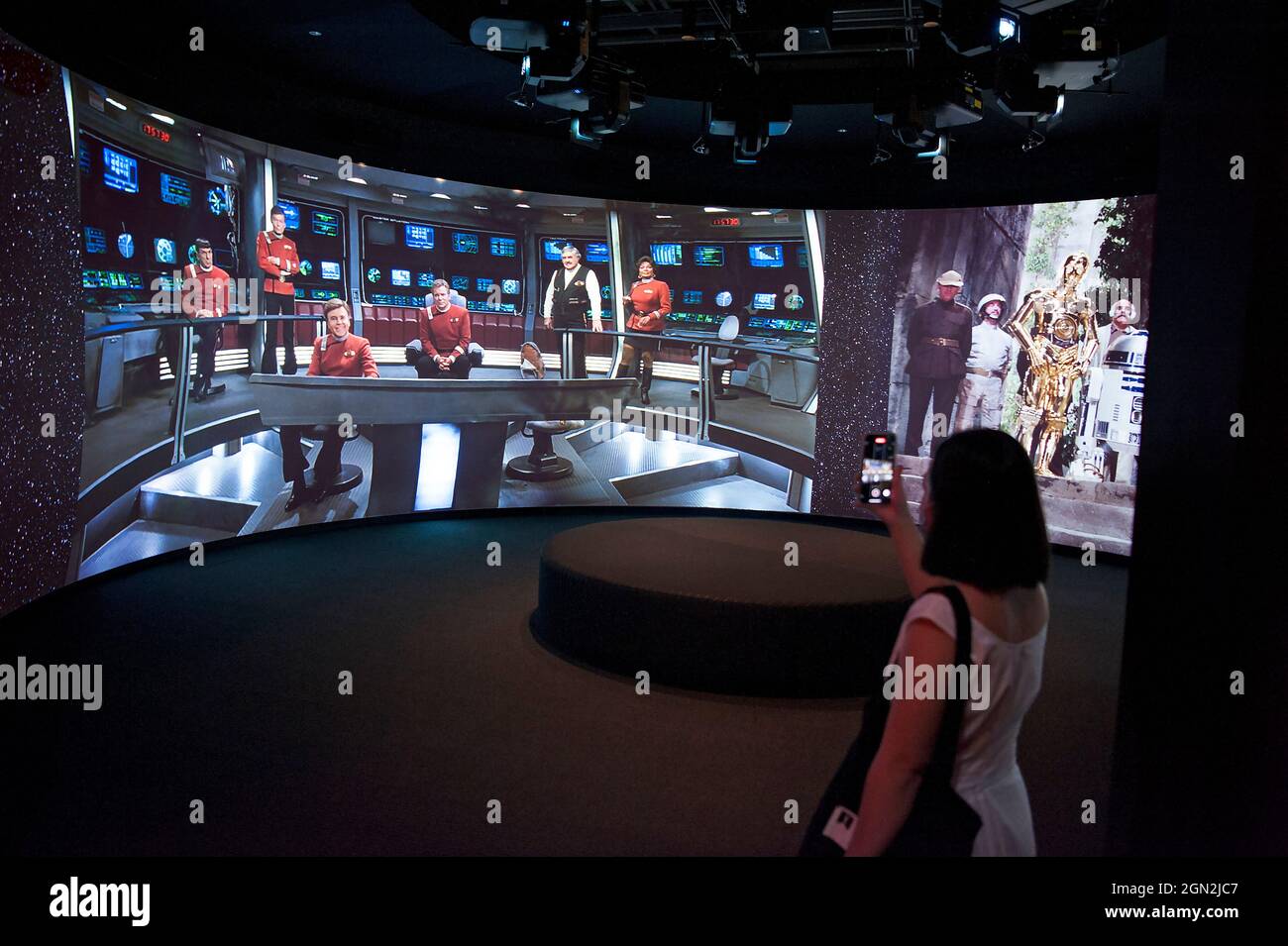 A visitor takes in the crew of Star Trek in a display at the Academy Museum of Motion Pictures Stock Photo