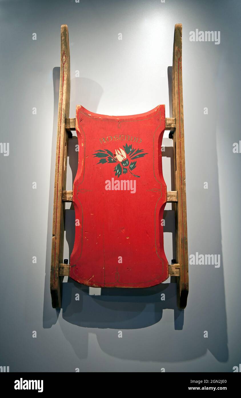 Sled with Rosebud from Citizen Kane at the Academy Museum of Motion Pictures, Los Angeles, California Stock Photo