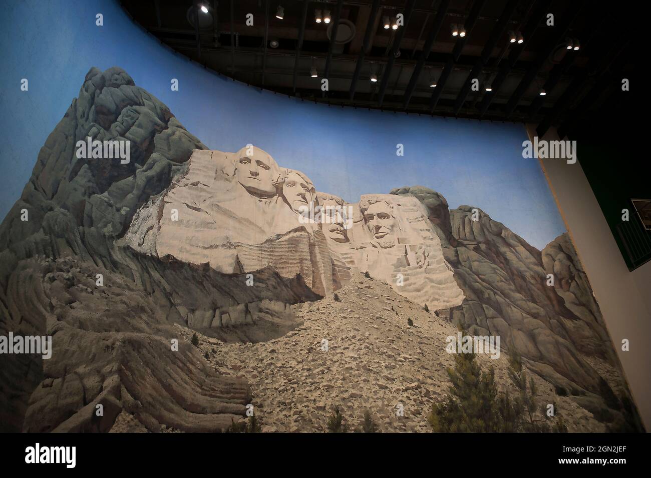 Painted backdrop of Mount Rushmore from Alfred Hitchcock movie North By Northwest on display at the Academy Museum of Motion Pictures, Los Angeles, CA Stock Photo