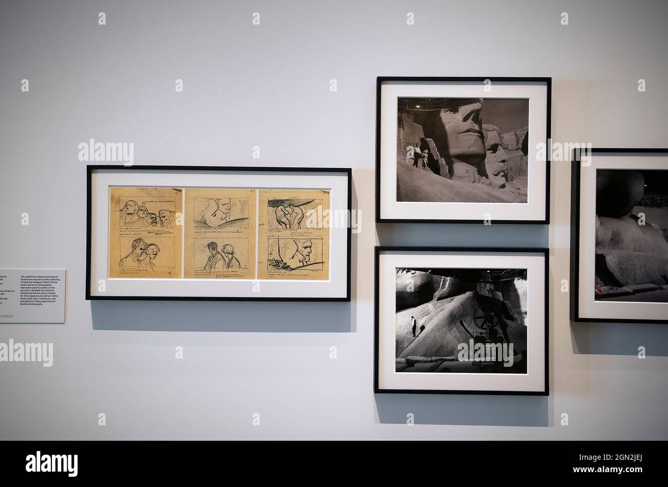 Display with storyboards from Alfred Hitchcock film North By Northwest at the Academy Museum of Motion Pictures, Los Angeles, California Stock Photo