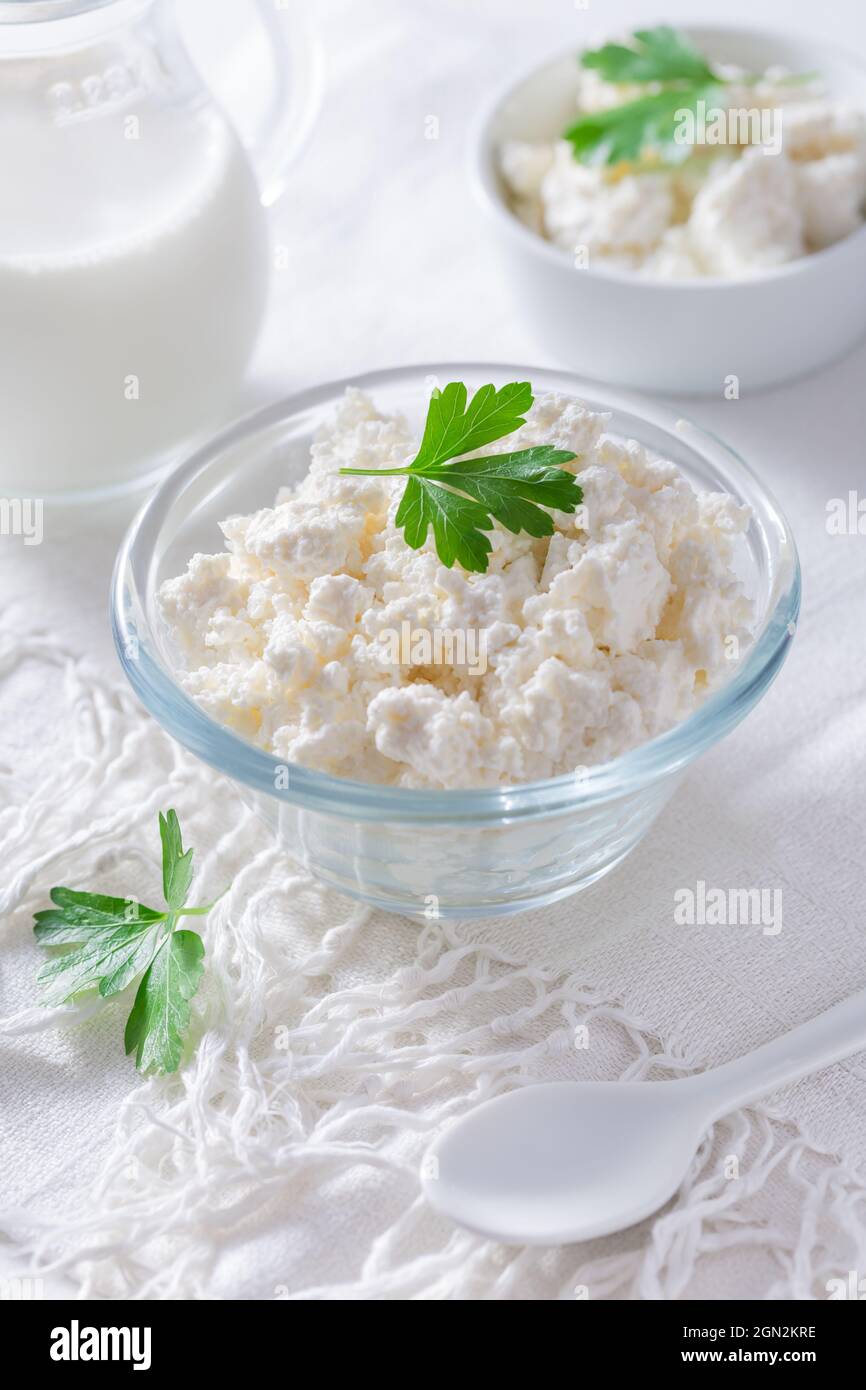Dairy product - curd or cottage cheese, quark in bowl and milk on white background Stock Photo