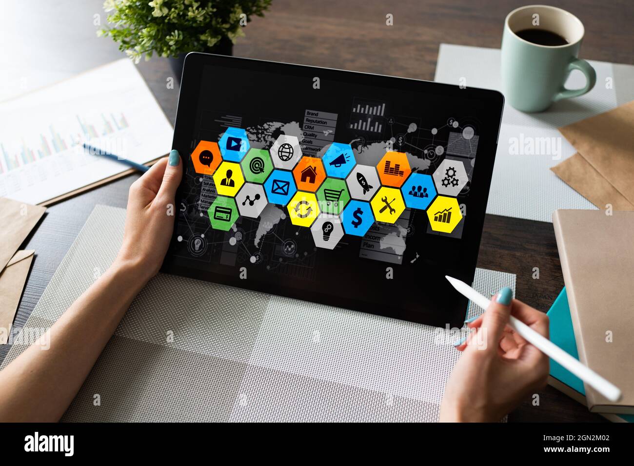 Application and diagrams on device screen. Business control panel and apps development concept Stock Photo
