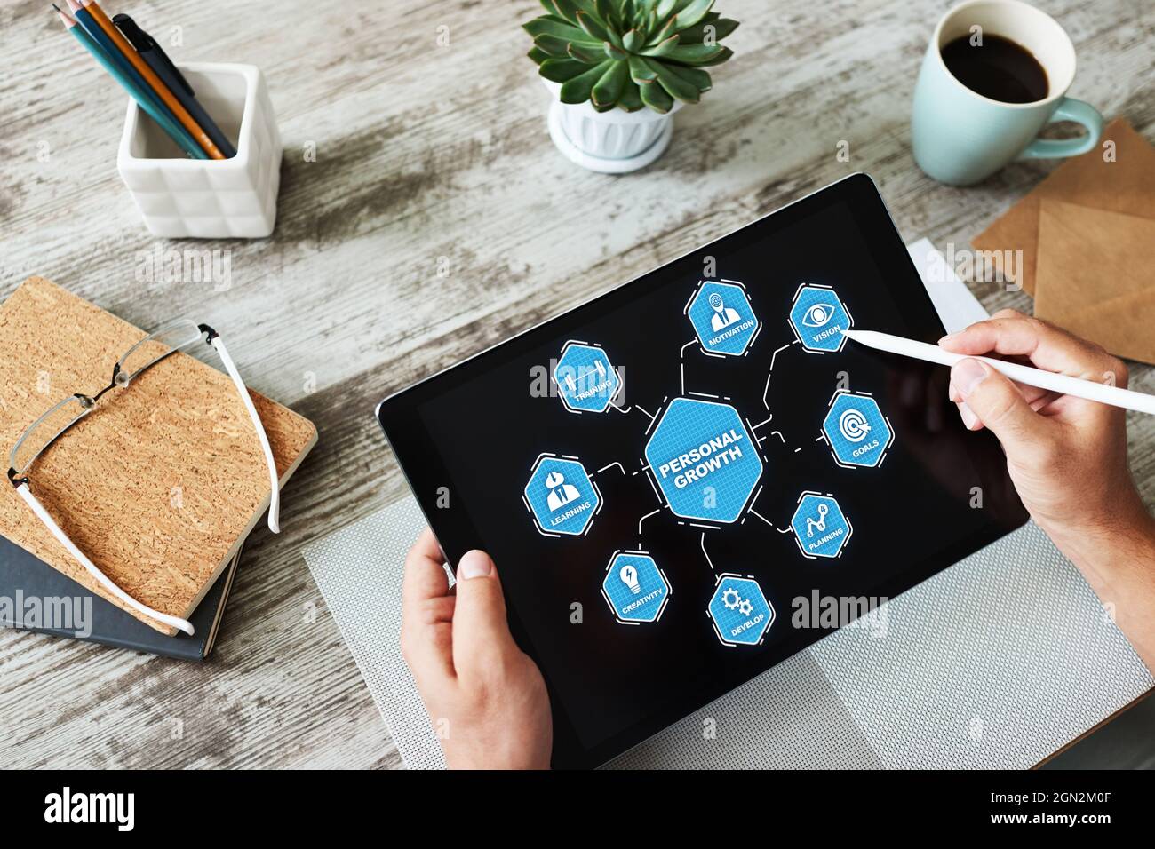 Start new career button on device screen. Recruitment and personal development concept Stock Photo