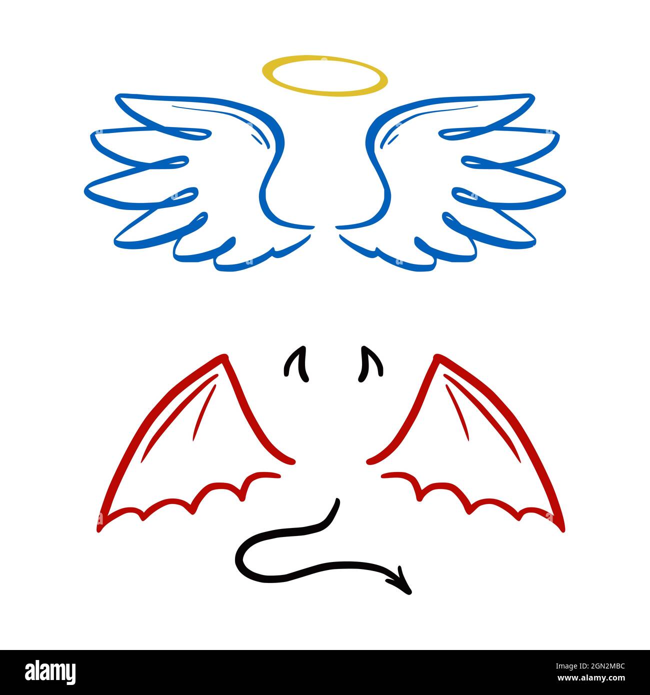 Angel and devil stylized vector illustration. Angel with wing, halo. Devil with wing and tail. Hand drawn line sketch style. Stock Vector