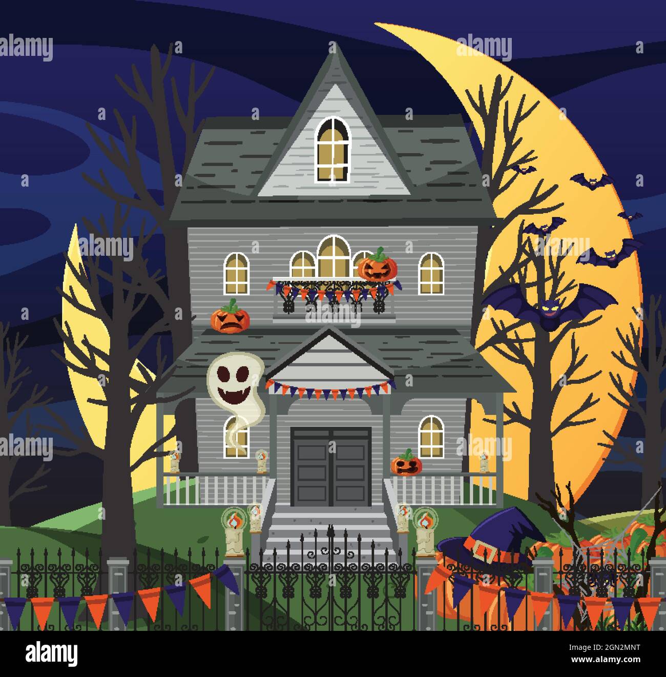 Haunted halloween mansion at night illustration Stock Vector Image ...