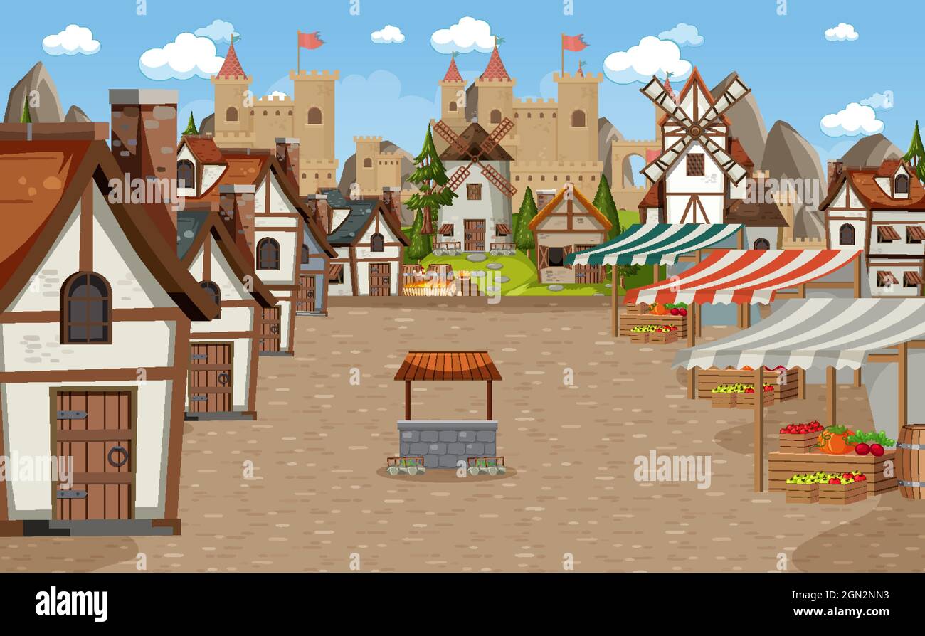 Medieval town scene with market place illustration Stock Vector Image ...