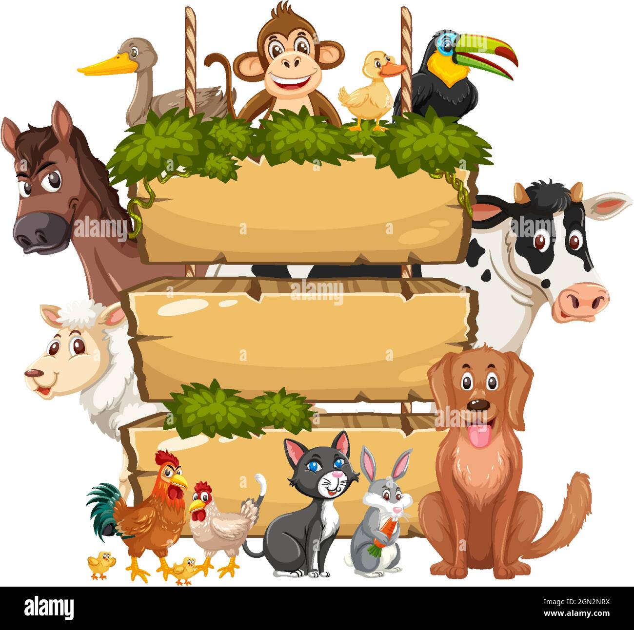 Empty wooden hanging board with various wild animals illustration Stock ...