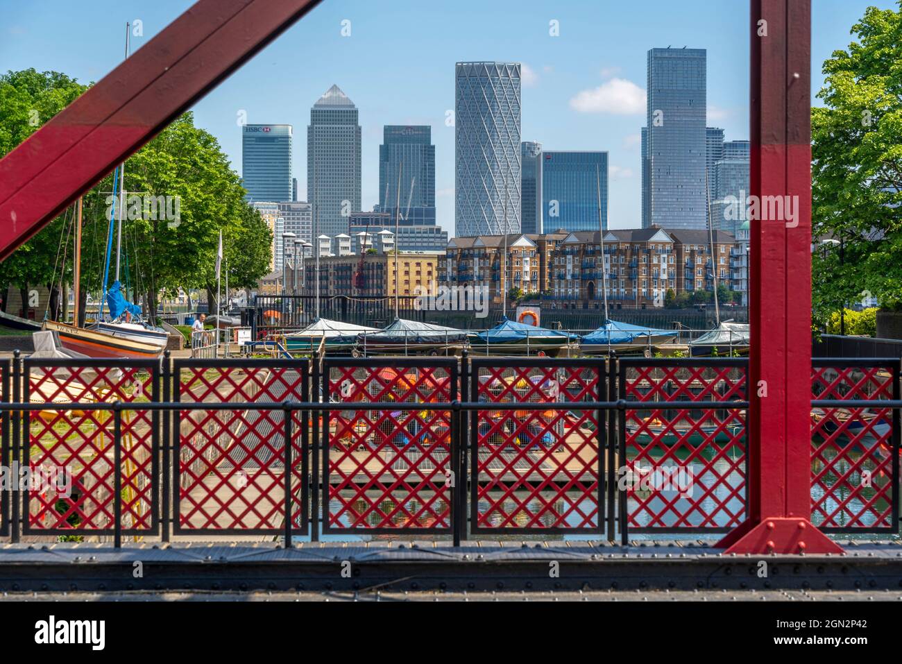 View of Canary Wharf Financial District and Bascule Bridge at the Shadwell Basin, Wapping, London, England, United Kingdom, Europe Stock Photo