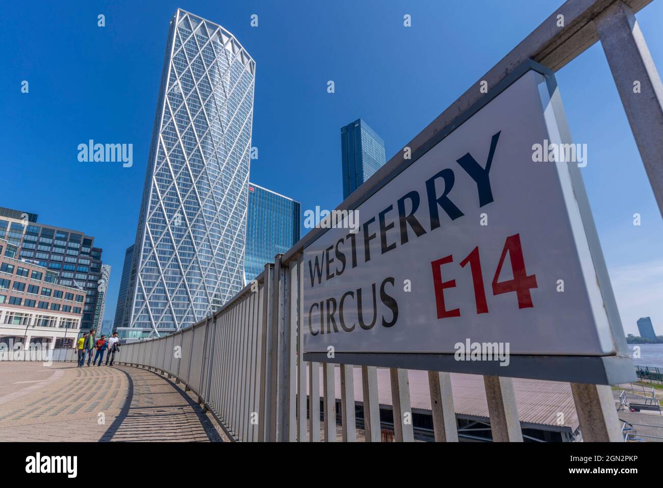 View of Canary Wharf tall buildings from the Thames Path, London ...