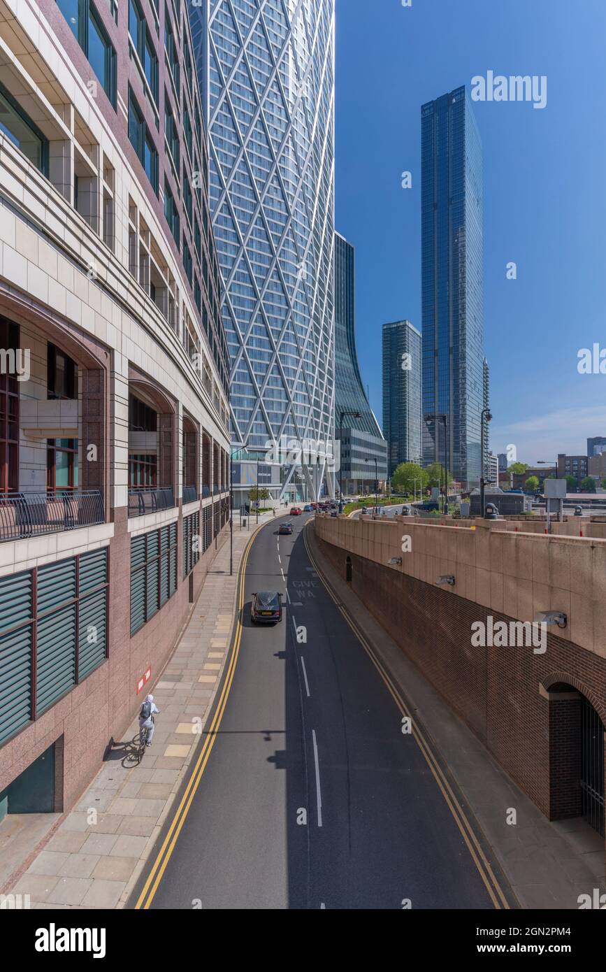 View of Canary Wharf tall buildings and road, London, England, United ...