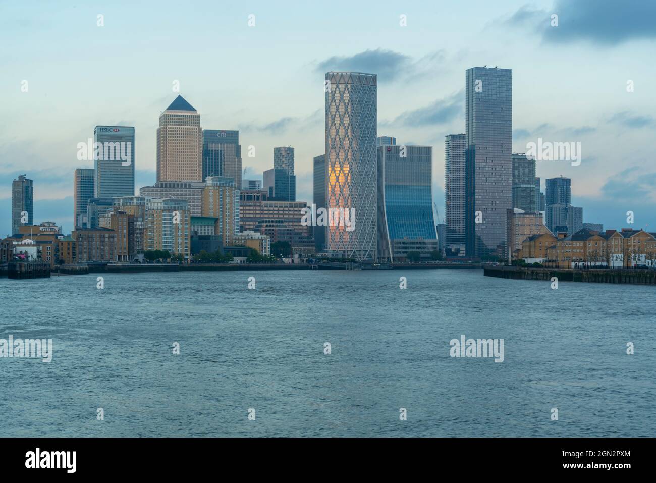 View of Canary Wharf tall buildings from the Thames Path, London ...
