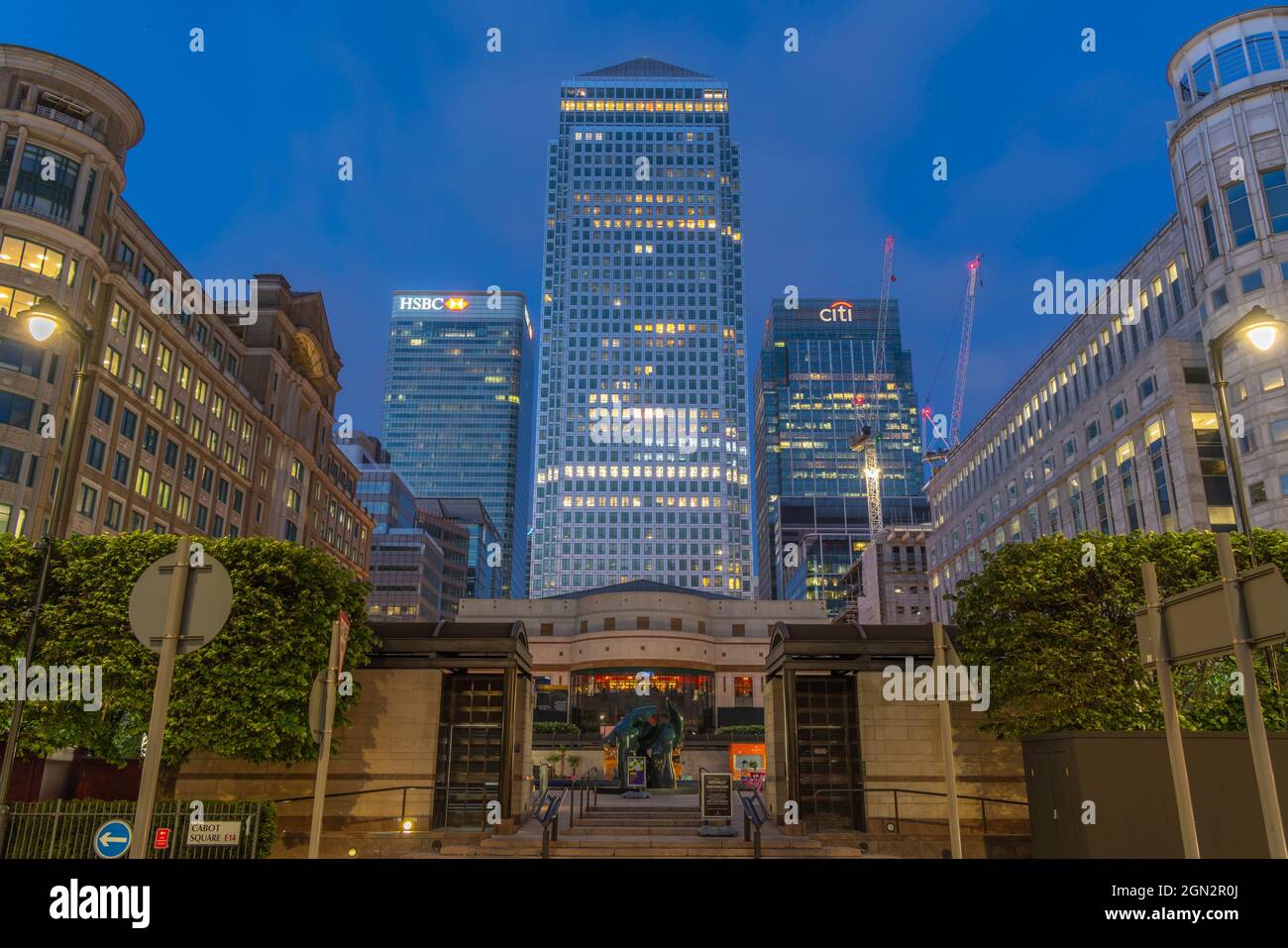View of Canary Wharf tall buildings at dusk, London, England, United ...