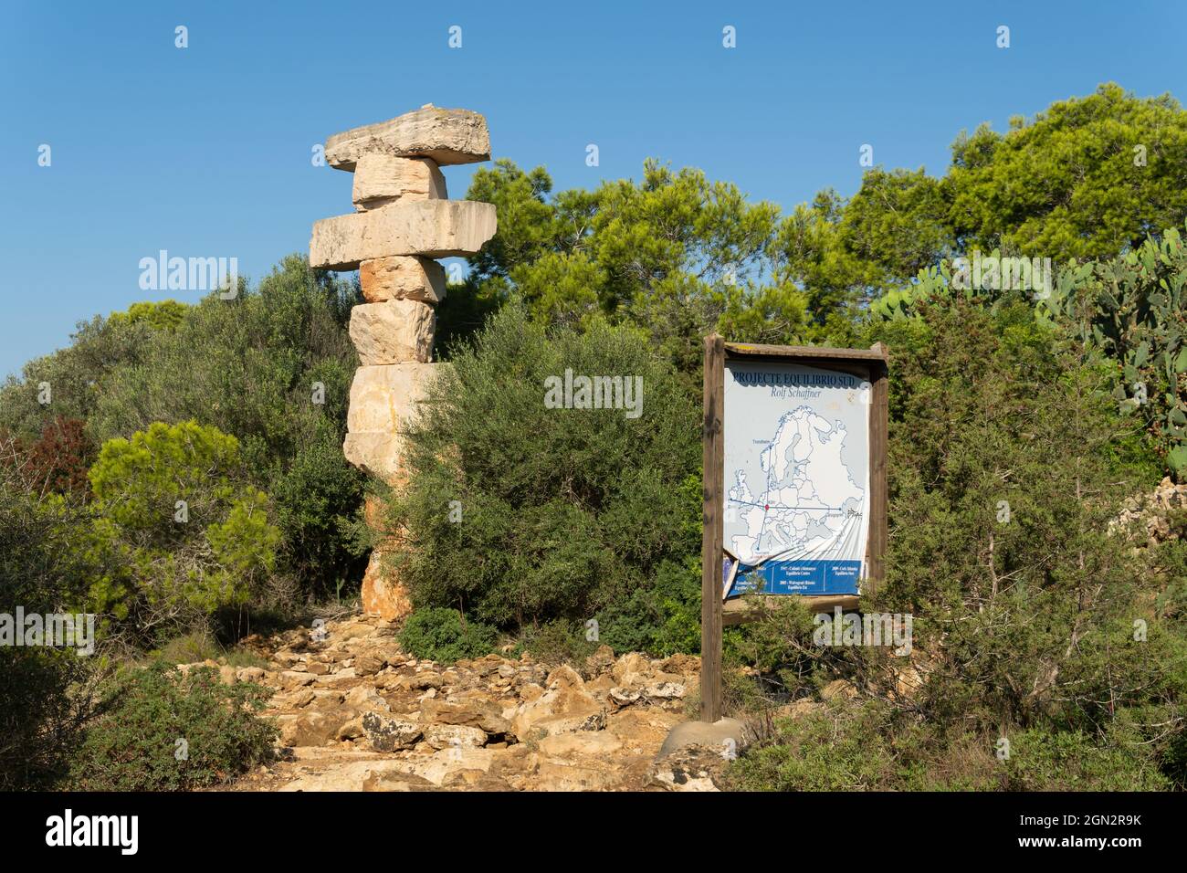 Cala Santanyi, Spain; september 11 2021: Monolith of superimposed stones belonging to the project south balance Rolf Schaffner, in the Majorcan town o Stock Photo