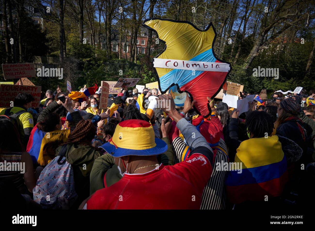 Colombian residents in the Netherlands protest in front of the Colombian embassy against the Colombian government's repression in that country. Stock Photo