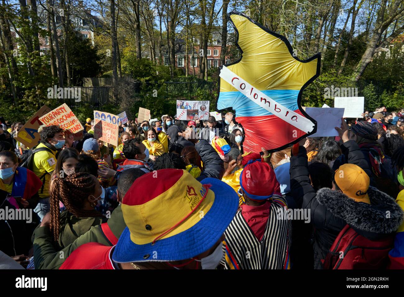 Colombian residents in the Netherlands protest in front of the Colombian embassy against the Colombian government's repression in that country. Stock Photo