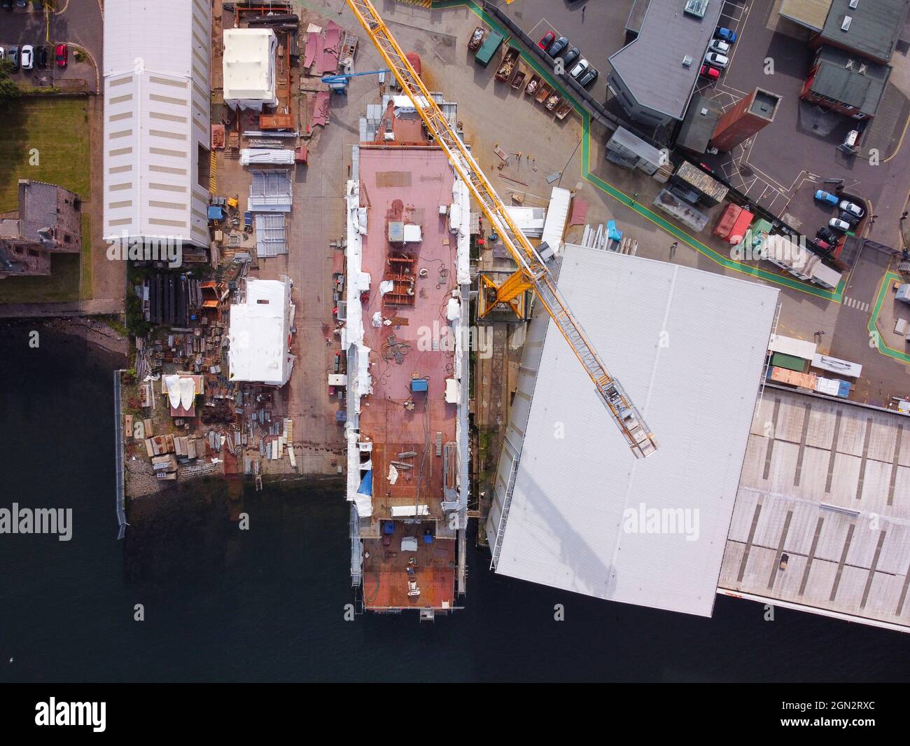 Port Glasgow, 21st Sept 2021. Aerial view of  unnamed ferry Hull 802 under construction at Ferguson Marine shipyard on River Clyde at Port Glasgow Stock Photo