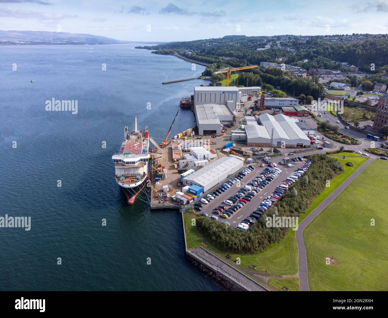 Port Glasgow,  21st September 2021. Aerial view of Glen Sannox ferry at Ferguson Marine shipyard on lower River Clyde at Port Glasgow, Scotland, UK Stock Photo