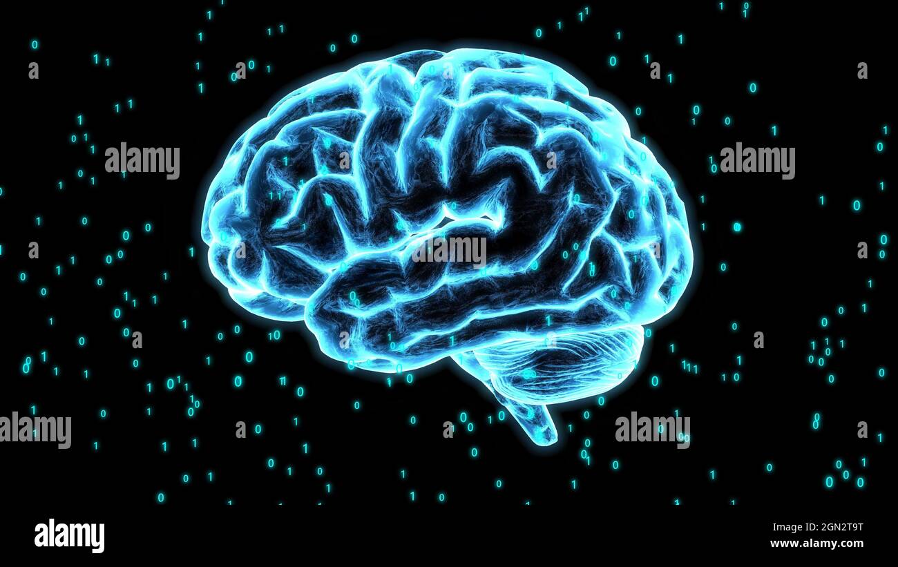 3D illustration of a brain with blue outlines isolated on a dark with ...