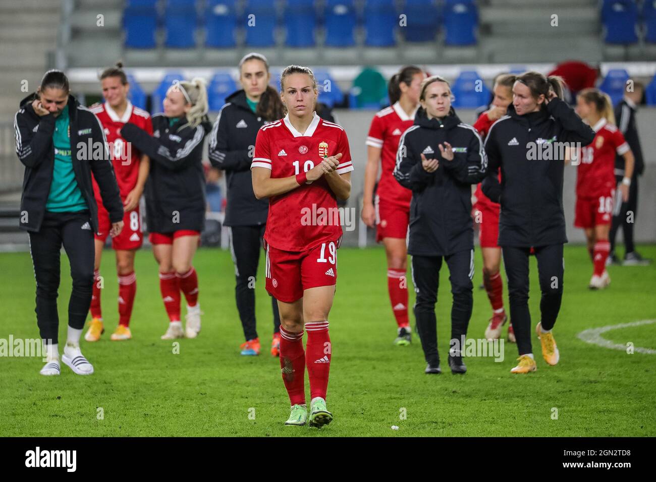 Budapest, Hungary. 21st Sep, 2021. Greetings despite the defeat the Womens World Cup Qualification game between Hungary and Spain at Venue Hidegkuti Nándor Stadion in Budapest, Hungary. Credit: SPP Sport Press Photo. /Alamy Live News Stock Photo