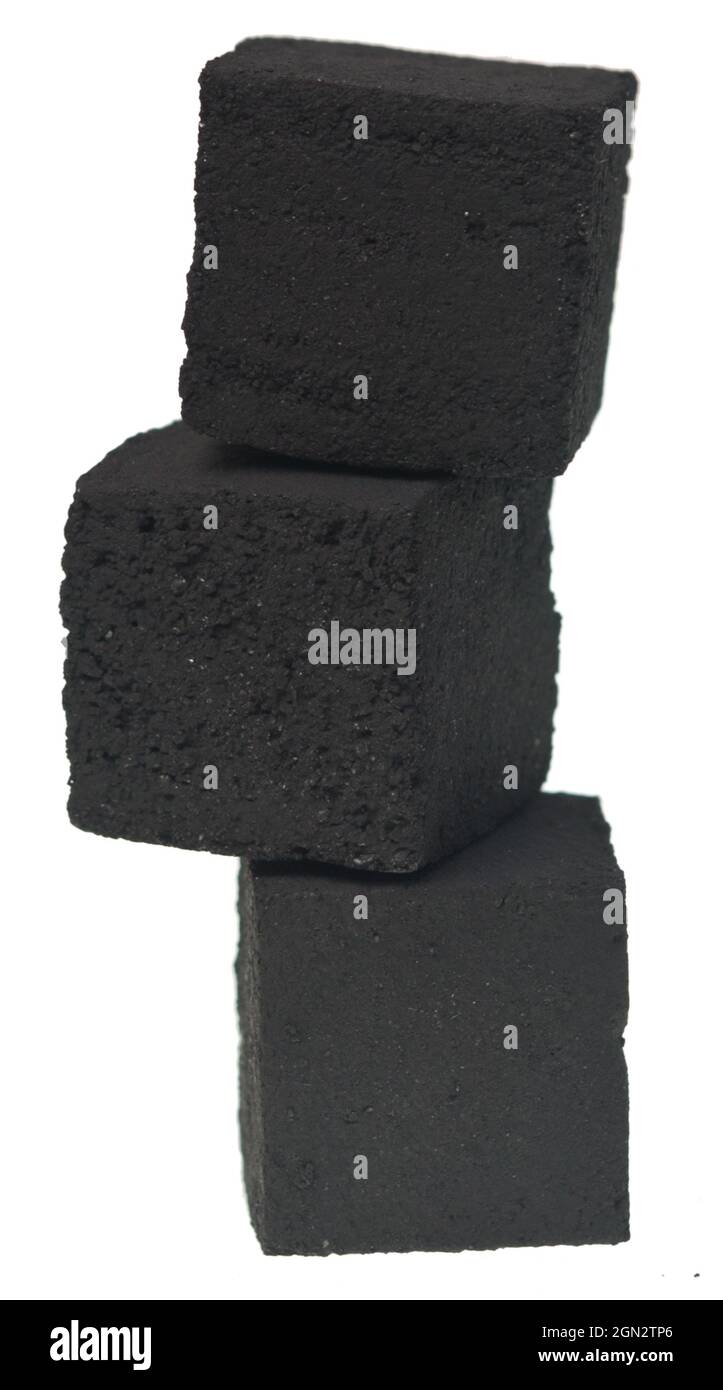 Charcoal cubes for hookah on white background Stock Photo