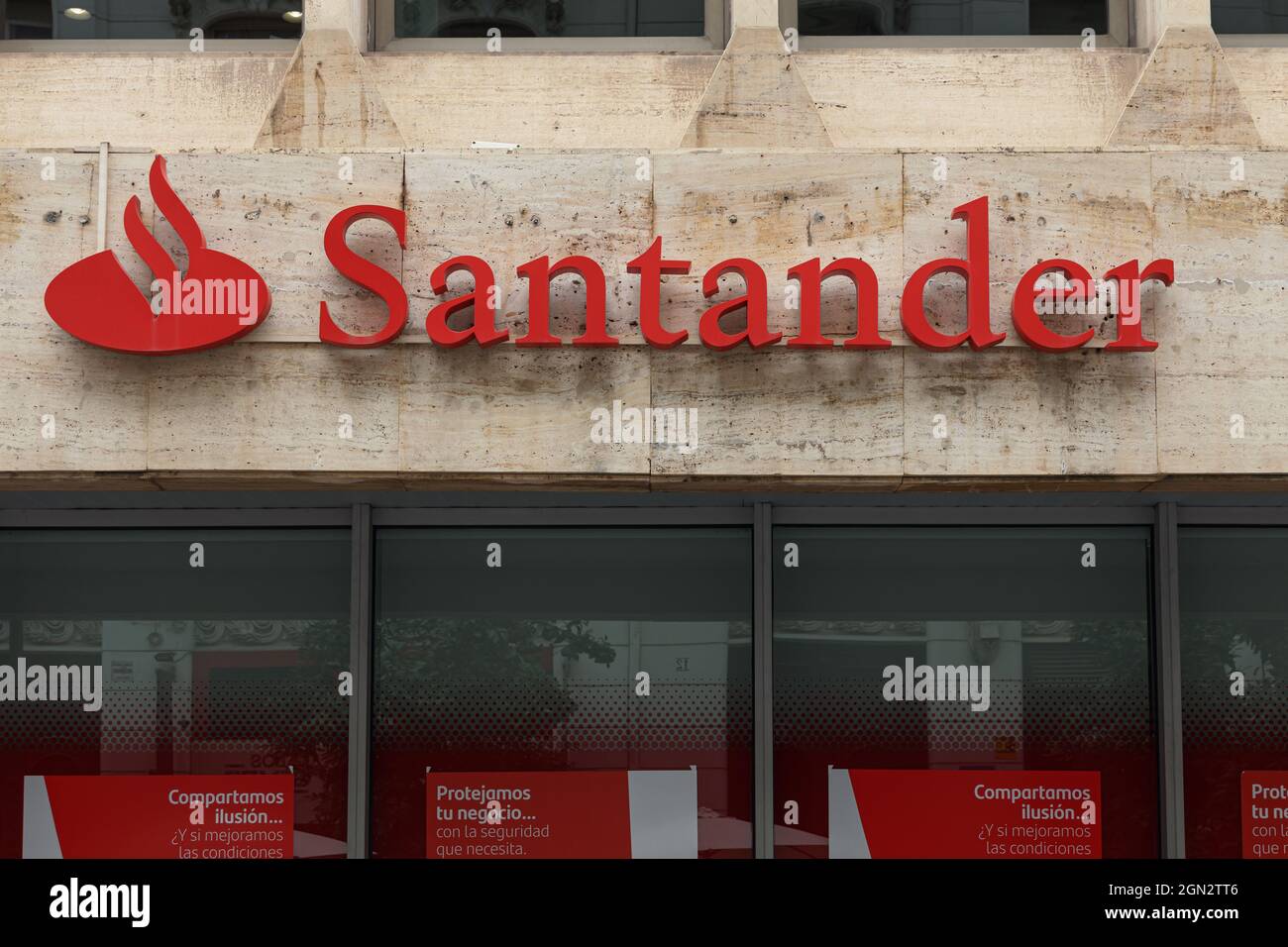 VALENCIA, SPAIN - SEPTEMBER 14, 2021: Banco Santander is a Spanish bank based in Santander. It is one of the most important financial institutions in Stock Photo