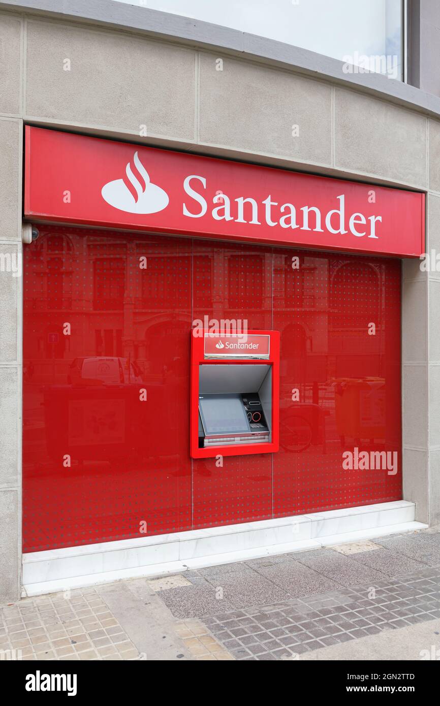 VALENCIA, SPAIN - SEPTEMBER 21, 2021: Banco Santander is a Spanish bank based in Santander. It is one of the most important financial institutions in Stock Photo