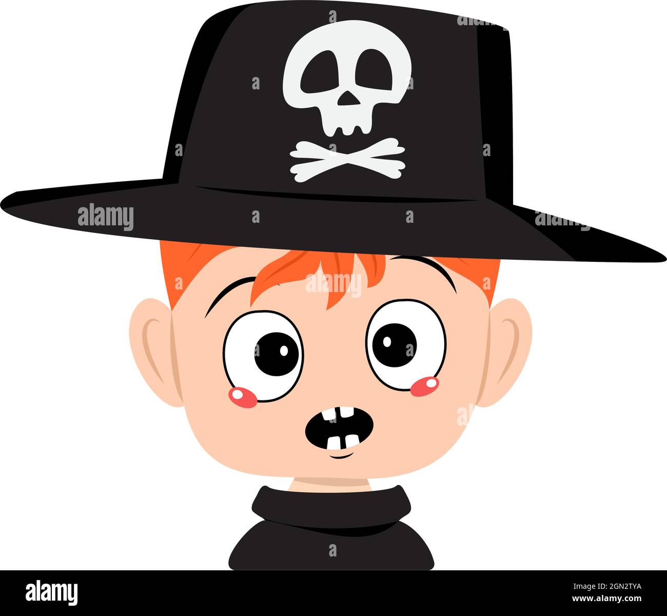 Avatar of boy with red hair and emotions panic, surprised face, shocked eyes in hat with skull. The head of a toddler. Halloween party decoration Stock Vector