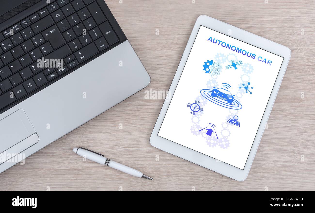 Autonomous car concept shown on a digital tablet Stock Photo