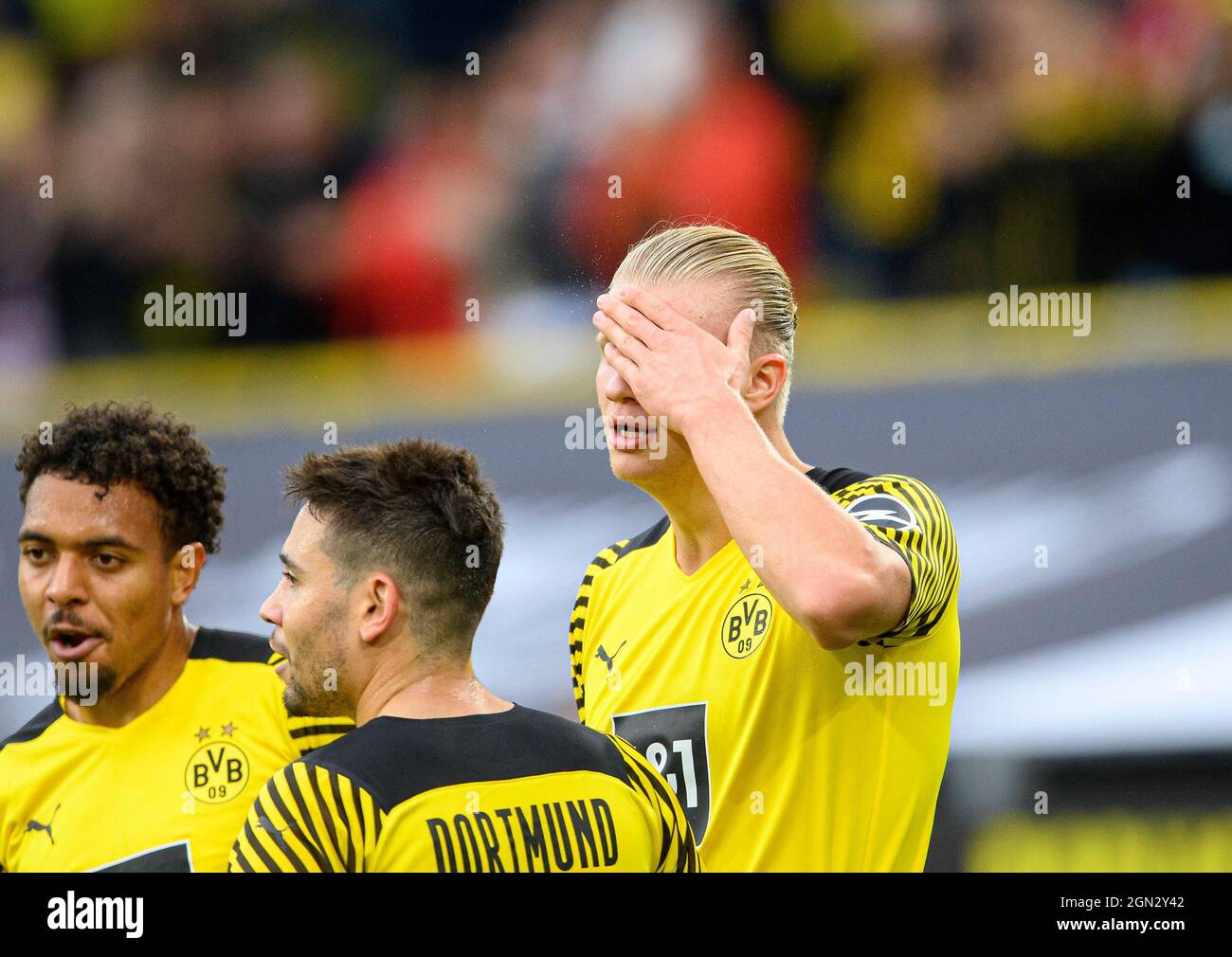 jubilation Erling HAALAND (DO) after his goal to 2-0, shows how he scored the goal with the head, gesture, gesture, left to right Donyell MALEN (DO), Raphael GUERREIRO (DO), Erling HAALAND (DO) Soccer 1st Bundesliga, 5th matchday, Borussia Dortmund (DO) - Union Berlin (UB) on September 19, 2021 in Dortmund/Germany. #DFL regulations prohibit any use of photographs as image sequences and/or quasi-video # Â Stock Photo