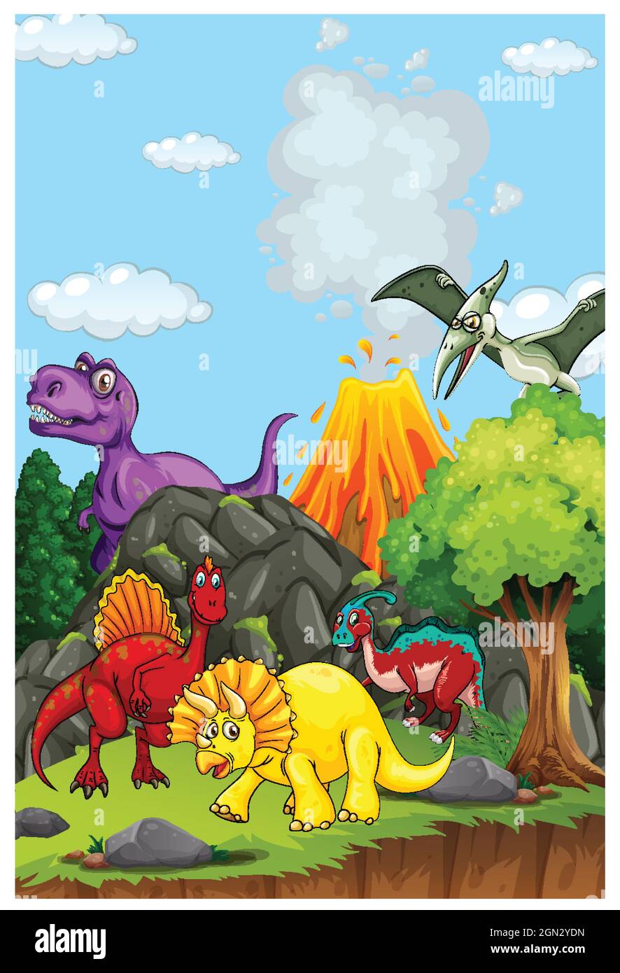 Prehistoric landscape scene with various dinosaurs illustration Stock Vector