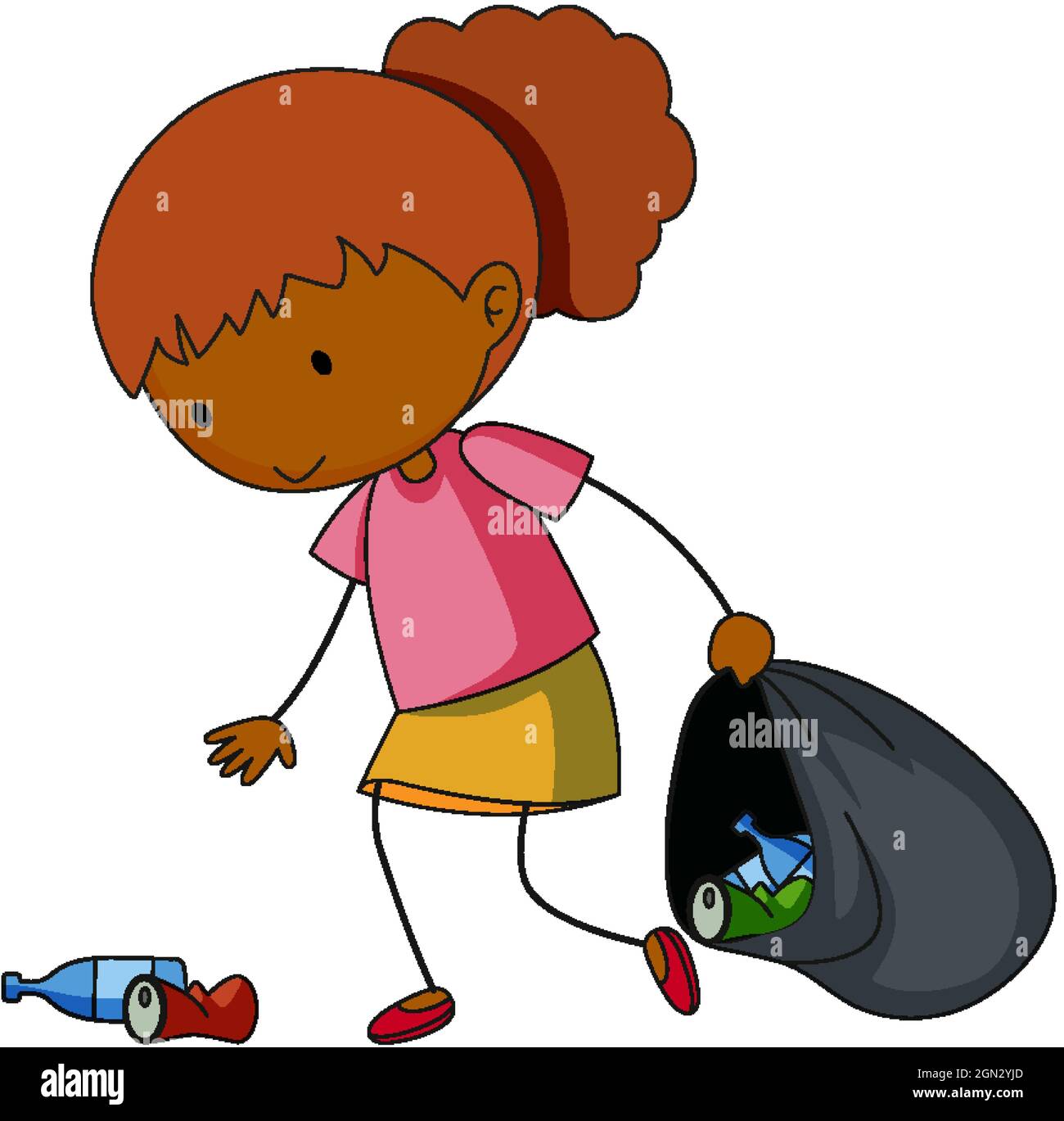 A doodle girl cleaning trash cartoon character isolated illustration