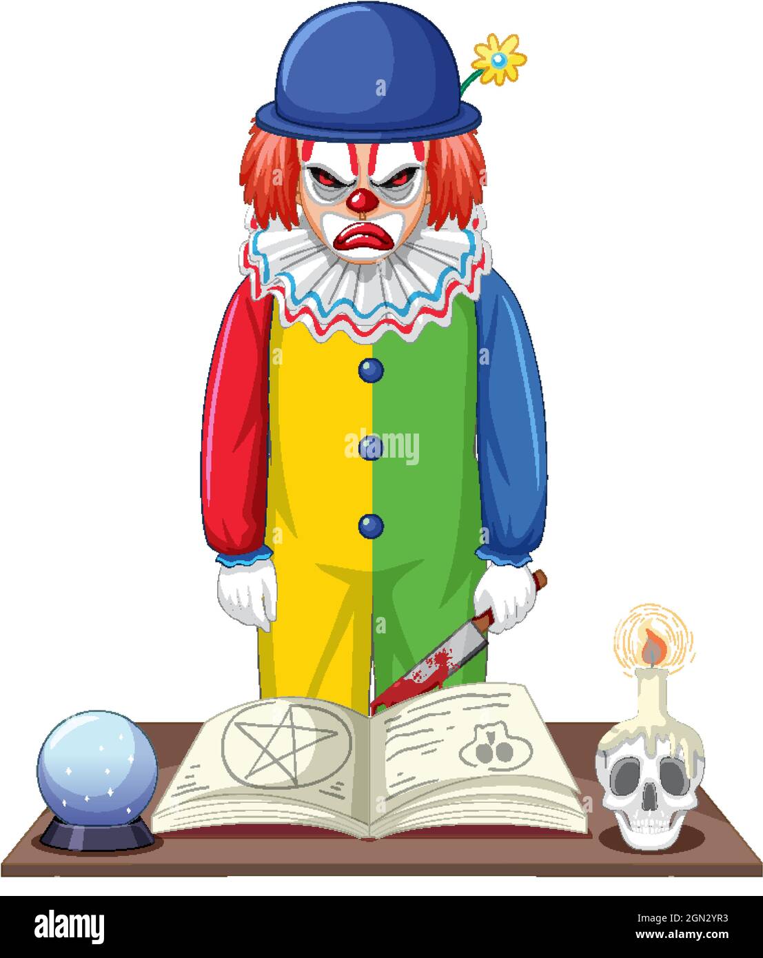 Creepy clown cartoon character on white background illustration Stock ...