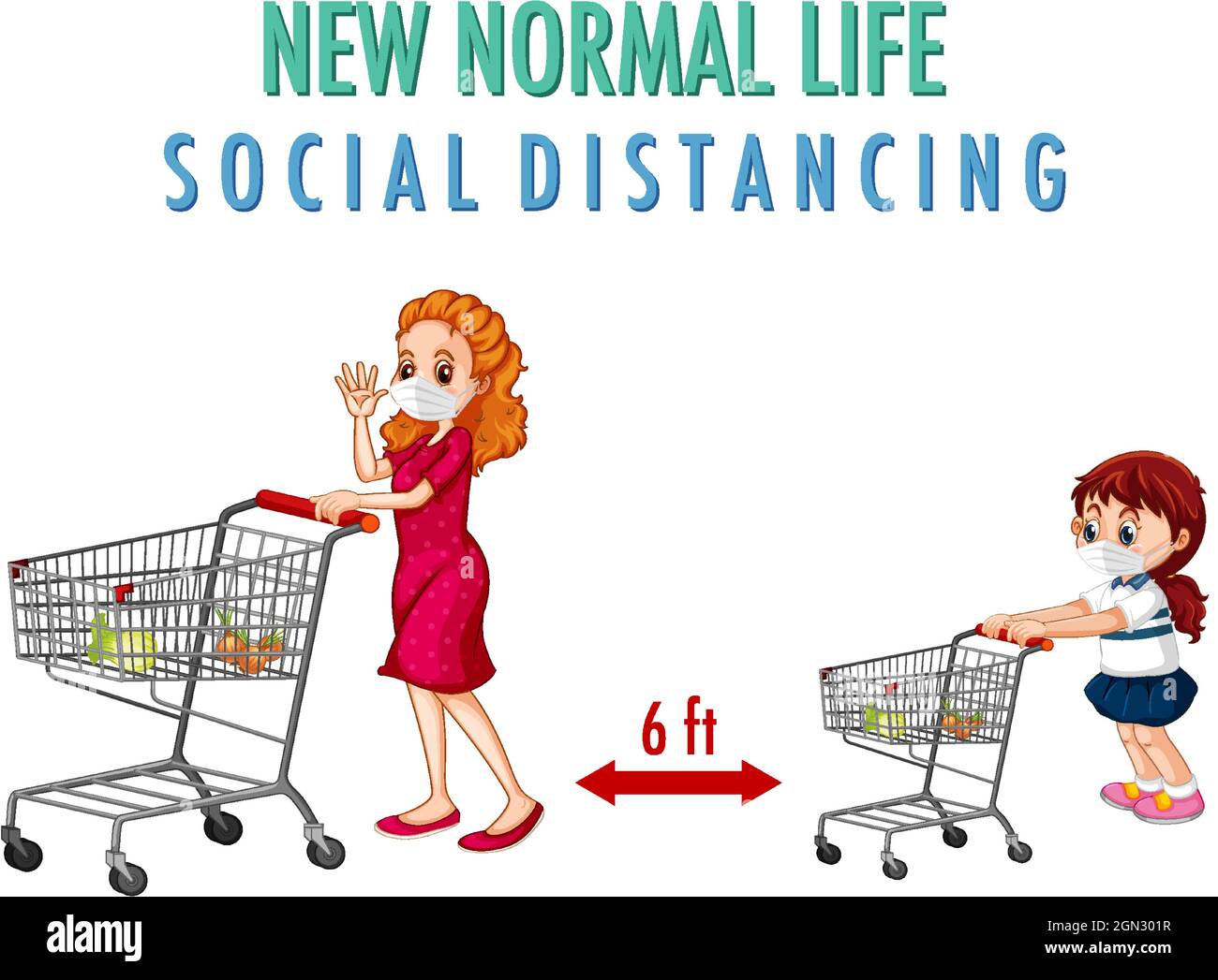 New Normal Life with a woman and a girl push shopping cart illustration ...