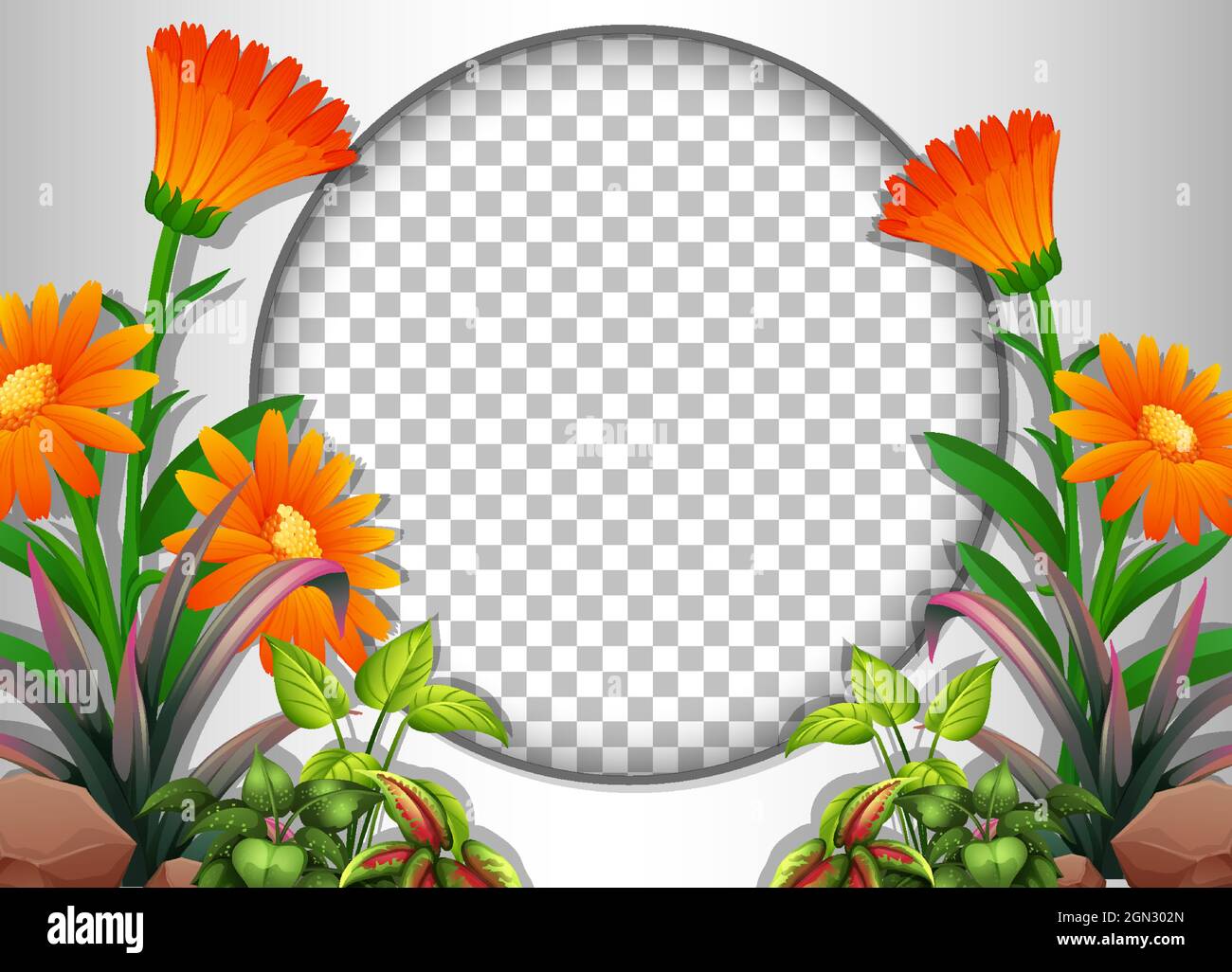 Round transparent frame with tropical flowers and leaves template ...
