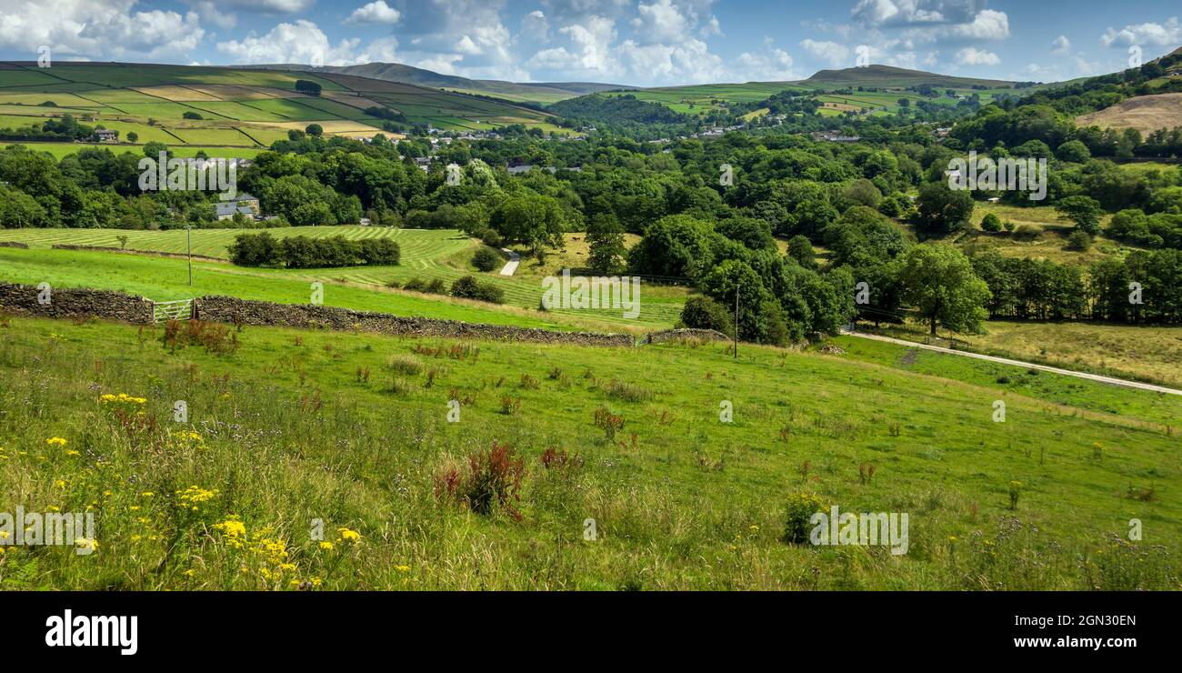 A view towards the village of Hayfield in High Peak, Derbyshire, England, Uk Stock Photo