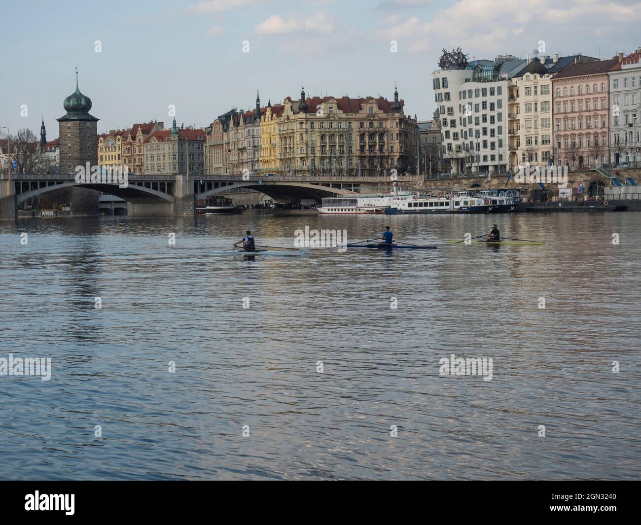 Prague, Czech Republic, March 26, 2021: View of Rasinovo nabrezi ...