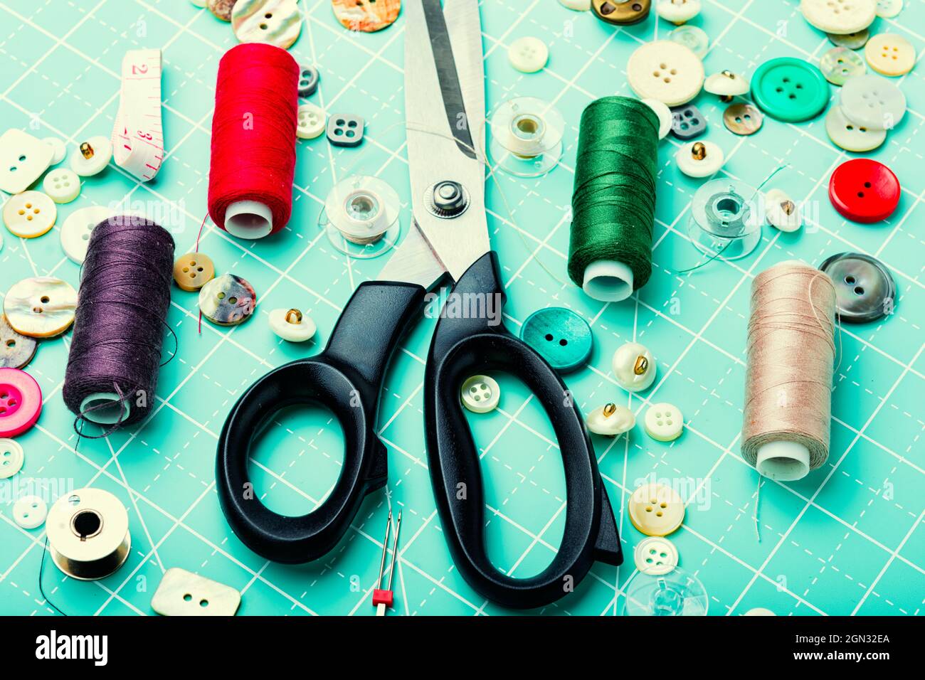 Sewing kit,thread,scissor and many buttons.Set sewing accessories Stock Photo Alamy