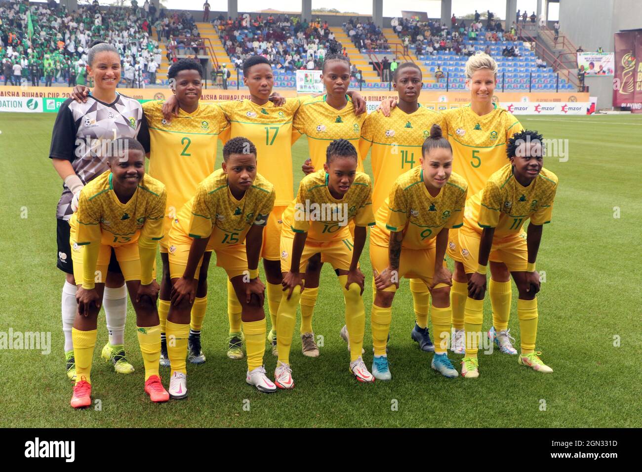 Lagos, Nigeria. 21st Sep, 2021. South Africa's female national football team Banyana Banyana pose for group photos before the final of the Aisha Buhari Invitational women's tournament at the Mobolaji Johnson Arena in Lagos state, Nigeria, Sept. 21, 2021. South Africa's female national football team Banyana Banyana on Tuesday night emerged champions of the maiden edition of the Aisha Buhari Invitational Women's Tournament after defeating the Super Falcons of Nigeria 4-2 in the last game. Credit: Emma Houston/Xinhua/Alamy Live News Stock Photo