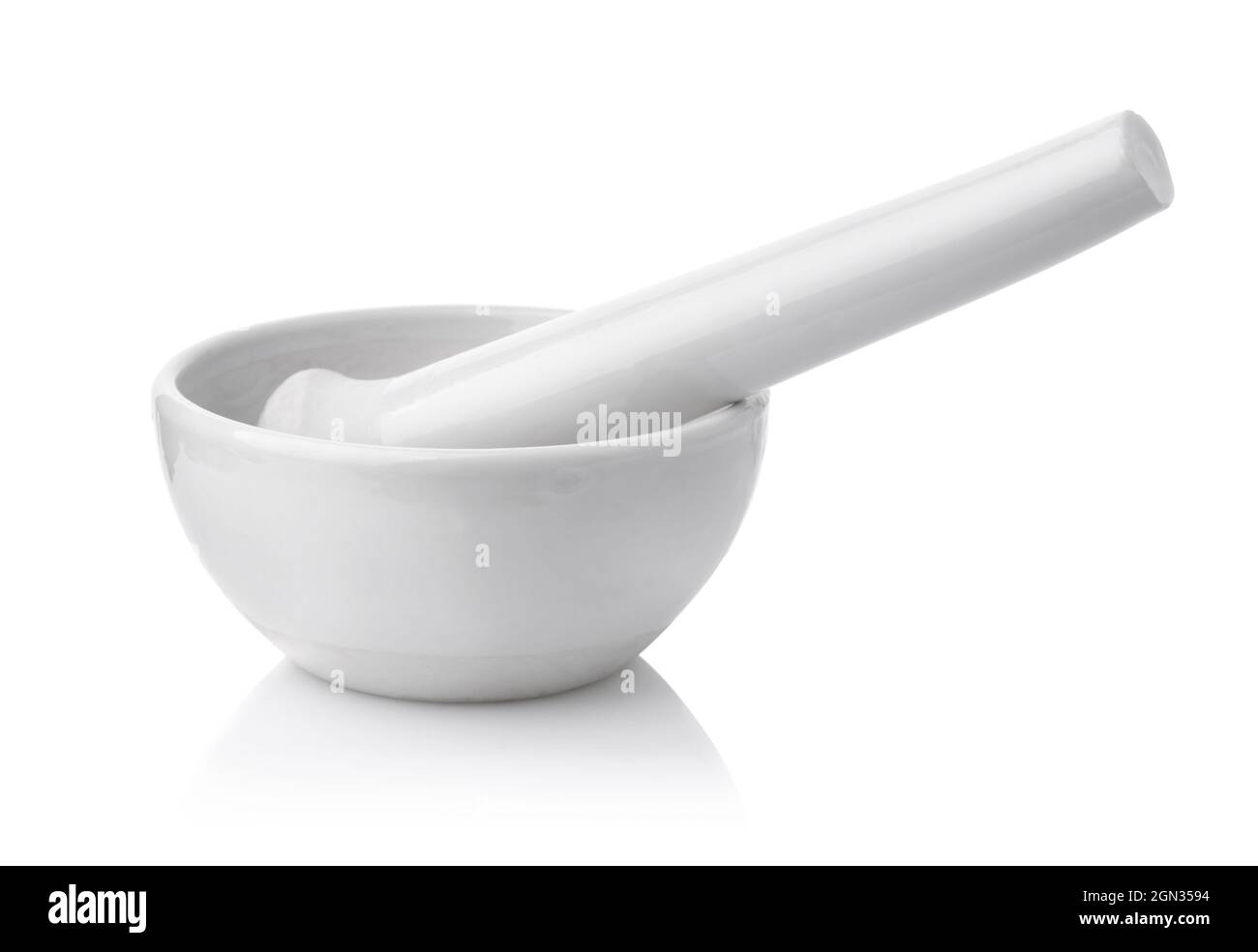 White porcelain lab mortar and pestle isolated on white Stock Photo