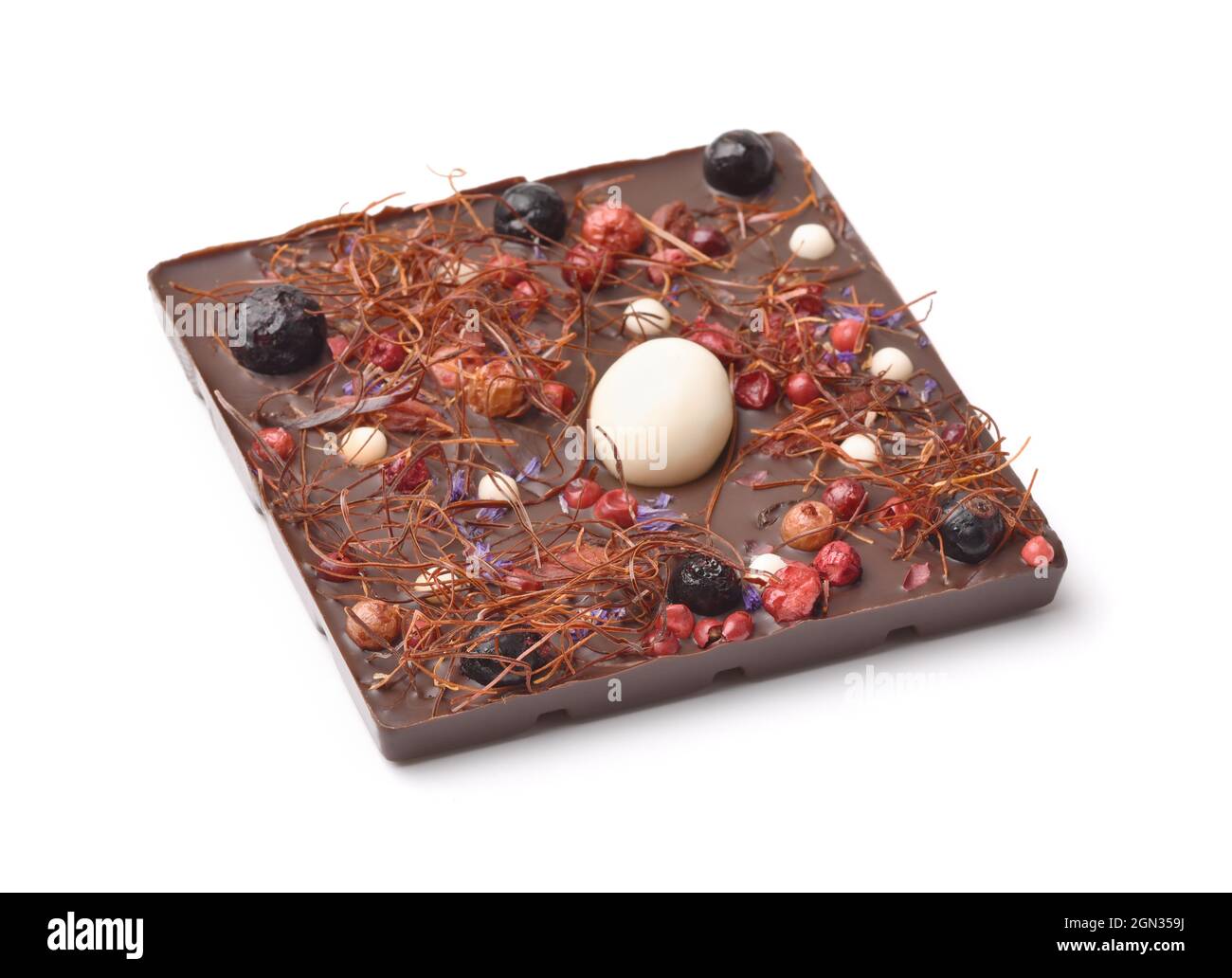 Handmade dark chocolate with berries isolated on white Stock Photo