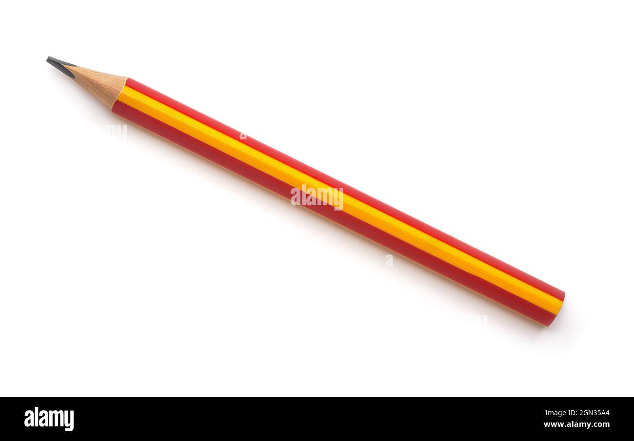 Top view of single red and yellow graphite pencil isolated on white Stock Photo