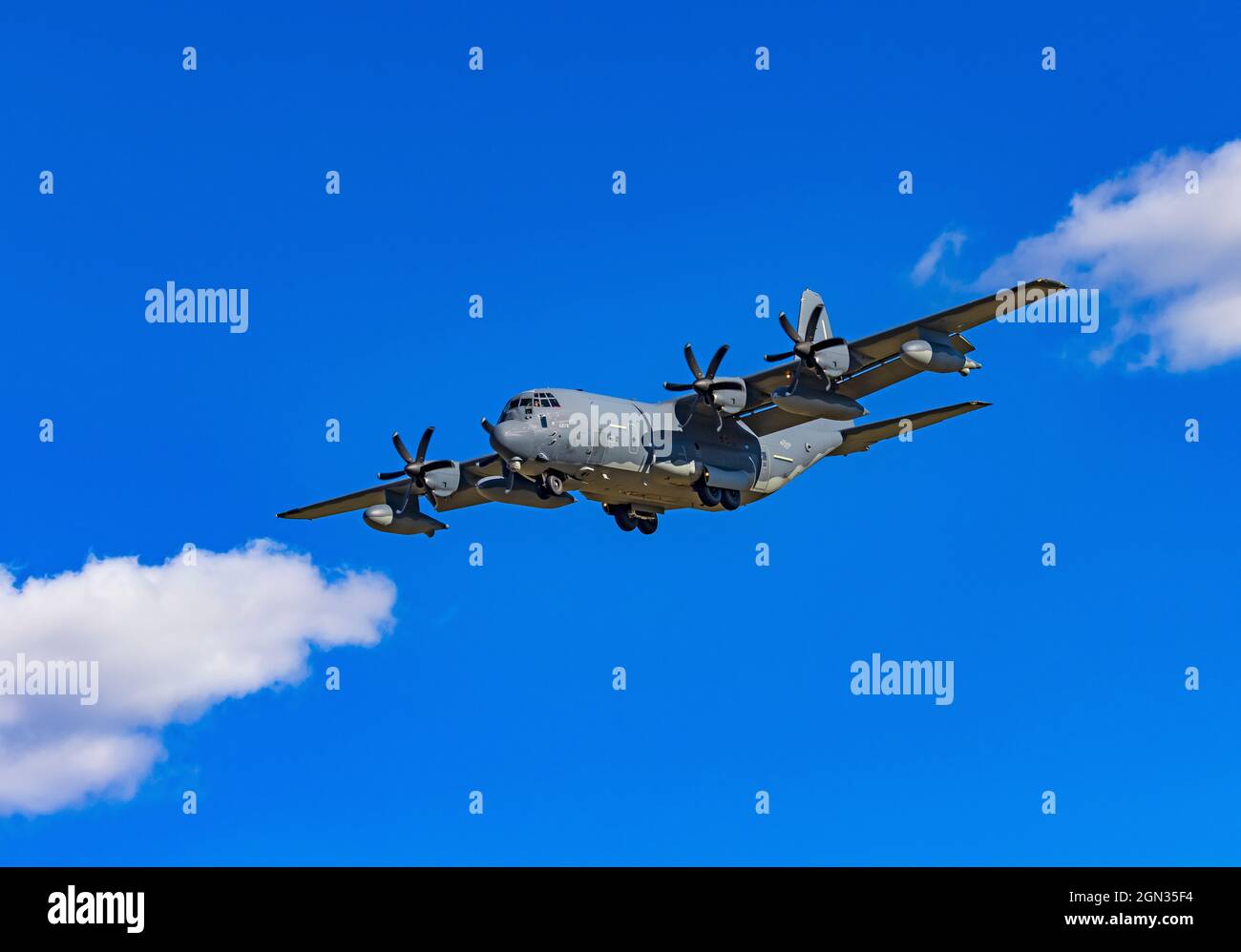 A Lockheed C-130 Hercules cargo plane approaches the runway to land at Hill Air Force Base, Layton, Utah, USA. Stock Photo