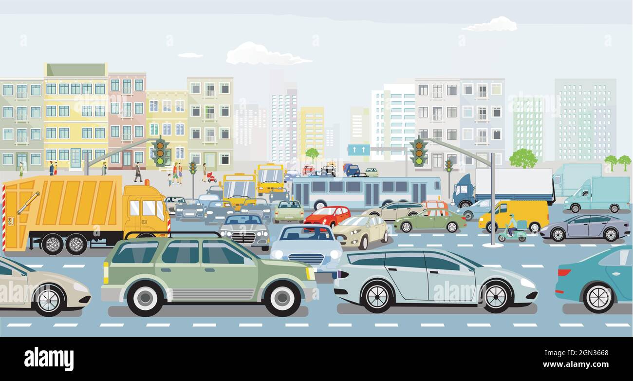 Big city with an intersection in traffic jam and public transport illustration Stock Vector